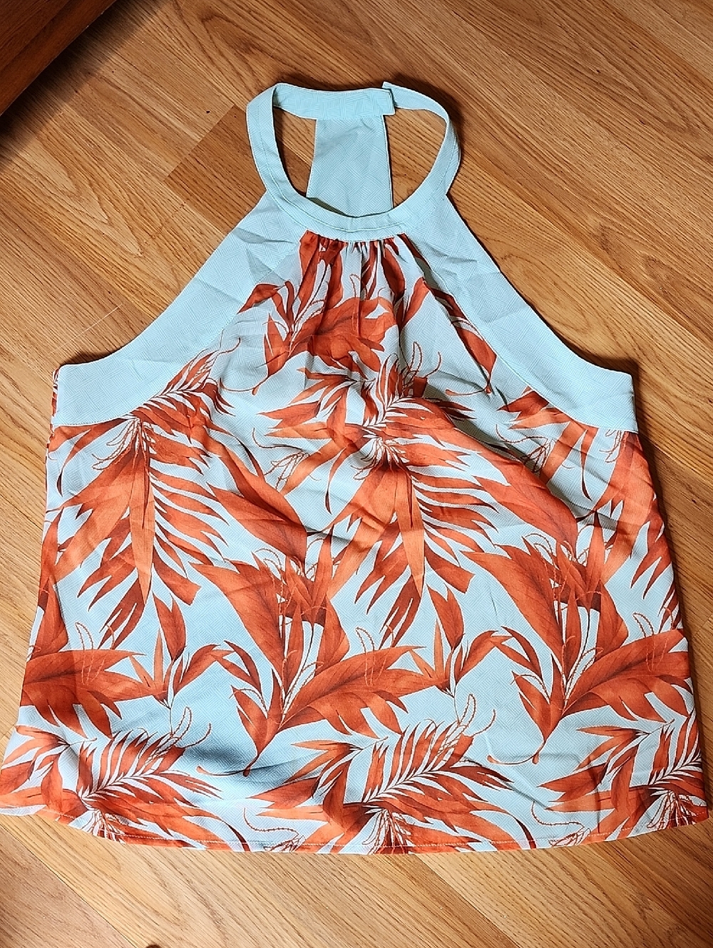 H&M Light Blue Halter Tank Top with Orange Tropical Print